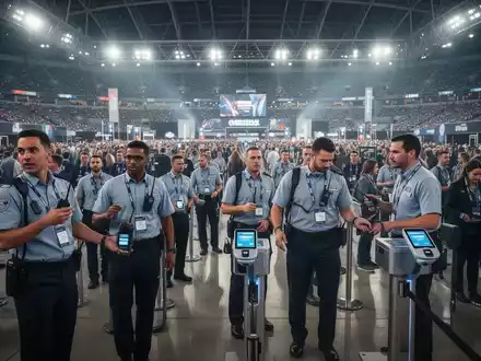 Mitarbeiter in Uniformen wickeln den Ein- und Ausgang bei einer Großveranstaltung mit vielen Menschen und Sicherheitskontrollen ab. - Foto: über boerse-global.de