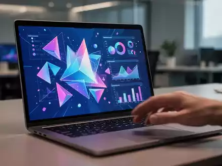 A modern laptop displaying an AI-generated presentation slide with abstract graphics, with a hand poised to interact with the trackpad. - Foto: über boerse-global.de