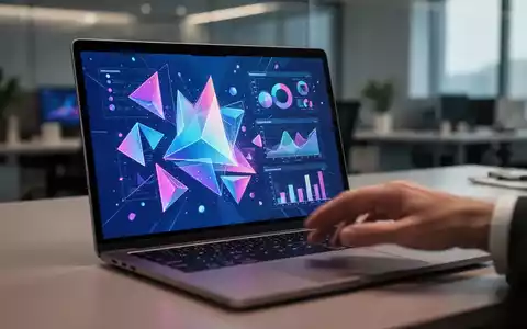 A modern laptop displaying an AI-generated presentation slide with abstract graphics, with a hand poised to interact with the trackpad. - Foto: über boerse-global.de