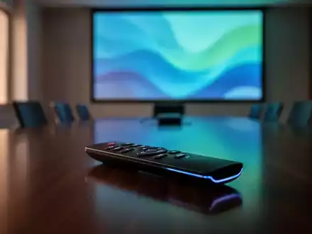 Ein moderner Präsentations-Controller auf einem Konferenztisch mit einem beruhigenden Wellenmuster auf einem Bildschirm im Hintergrund. - Foto: über boerse-global.de