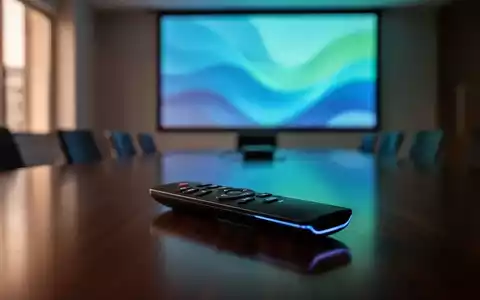 Ein moderner Präsentations-Controller auf einem Konferenztisch mit einem beruhigenden Wellenmuster auf einem Bildschirm im Hintergrund. - Foto: über boerse-global.de