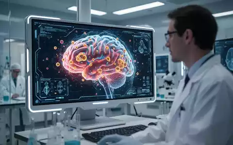 Ein hochauflösender Gehirnscan auf einem futuristischen Monitor, der Amyloid-Plaques zeigt, mit einem Wissenschaftler im Vordergrund. - Foto: über boerse-global.de