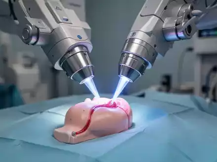 Nahaufnahme eines medizinischen Lasersystems mit blauem Licht, das auf ein Modell der Prostata gerichtet ist, symbolisiert Präzision. - Foto: über boerse-global.de