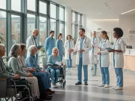 Eine Gruppe von Patienten und medizinischem Personal interagiert in einer modernen, hellen Krankenhauslobby. - Foto: über boerse-global.de