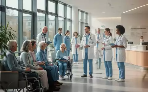 Eine Gruppe von Patienten und medizinischem Personal interagiert in einer modernen, hellen Krankenhauslobby. - Foto: über boerse-global.de