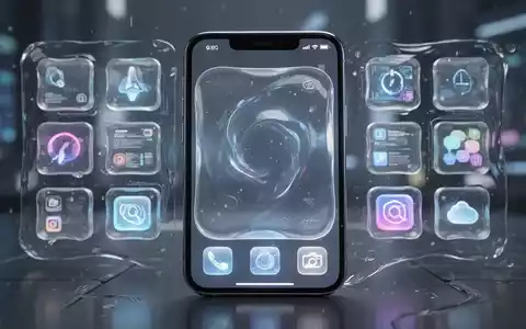 A futuristic smartphone screen displaying a highly organized interface with translucent app icons and a large, full-page widget. - Foto: über boerse-global.de