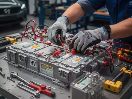 Nahaufnahme der behandschuhten Hände eines Elektrikers, der an einem Hochvolt-Batteriepack in einer Werkstatt arbeitet, umgeben von Werkzeugen. - Foto: über boerse-global.de