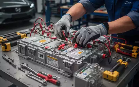 Nahaufnahme der behandschuhten Hände eines Elektrikers, der an einem Hochvolt-Batteriepack in einer Werkstatt arbeitet, umgeben von Werkzeugen. - Foto: über boerse-global.de
