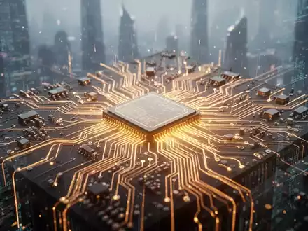 Ein detaillierter, leuchtender Mikrochip, der Wachstum und Innovation darstellt, mit einem weichgezeichneten futuristischen Stadtbild im Hintergrund. - Foto: über boerse-global.de