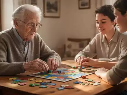 Eine ältere Person und eine jüngere Person spielen zusammen ein Gedächtnisspiel, das auf einem Tisch liegt. - Foto: über boerse-global.de