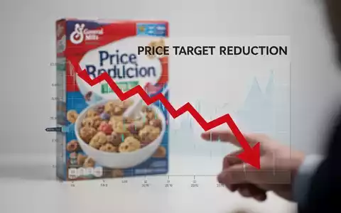 Ein unscharfer Getreidekasten von General Mills im Hintergrund, mit einem scharf fokussierten Finanzdiagramm, das einen Abwärtstrend und einen roten Pfeil zeigt. - Foto: über boerse-global.de