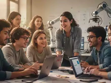 Junge Erwachsene in einem Workshop, konzentriert bei der Arbeit an Laptops, mit einem Coach im Hintergrund, der Hilfestellung gibt. - Foto: über boerse-global.de
