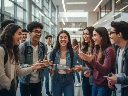 Eine vielfältige Gruppe internationaler Studierender feiert einen kleinen Erfolg in einer modernen Universitätsumgebung, was Motivation und Wohlbefinden symbolisiert. - Foto: über boerse-global.de
