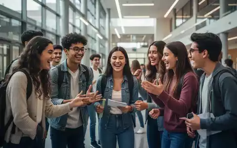 Eine vielfältige Gruppe internationaler Studierender feiert einen kleinen Erfolg in einer modernen Universitätsumgebung, was Motivation und Wohlbefinden symbolisiert. - Foto: über boerse-global.de