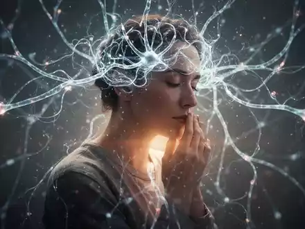 Eine Person in kontemplativer Haltung, umgeben von abstrakten neuronalen Mustern und Lichtspuren, die Gehirnaktivität und Spiritualität andeuten. - Foto: über boerse-global.de