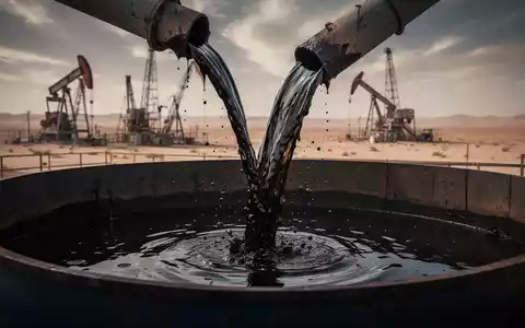 Dunkles Rohöl fließt in einen großen Lagertank, im Hintergrund verschwommene Ölplattformen und eine Wüstenlandschaft unter dramatischem Himmel. - Foto: über boerse-global.de