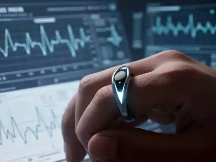 Ein Nahaufnahme eines modernen, ringförmigen Wearables am Finger, mit unscharfen medizinischen Diagrammen im Hintergrund. - Foto: über boerse-global.de
