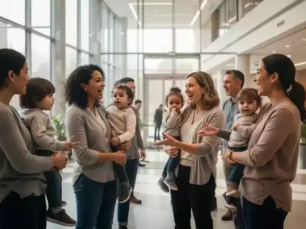 Eine Gruppe von Eltern, einige mit Kindern, diskutiert in einem modernen, hellen Gemeinschaftsraum über Elternzeit und Teilzeitarbeit. - Foto: über boerse-global.de