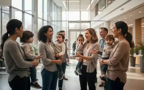 Eine Gruppe von Eltern, einige mit Kindern, diskutiert in einem modernen, hellen Gemeinschaftsraum über Elternzeit und Teilzeitarbeit. - Foto: über boerse-global.de