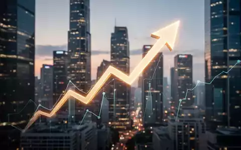 Ein stilisierter, aufwärts gerichteter Pfeil über einer verschwommenen Skyline eines Finanzviertels bei Sonnenuntergang. - Foto: über boerse-global.de