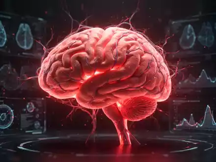 Ein futuristisches, leuchtendes Gehirnmodell mit komplexen neuronalen Bahnen, beleuchtet von rotem und infrarotem Licht, umgeben von digitalen Schnittstellen. - Foto: über boerse-global.de