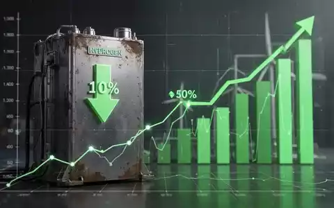 Eine Wasserstoff-Brennstoffzelle mit einem roten, nach unten zeigenden Pfeil über einem Börsendiagramm, das einen Kursrückgang von 10 % anzeigt, während im Hintergrund steigende Umsatzbalken zu sehen sind. - Foto: über boerse-global.de