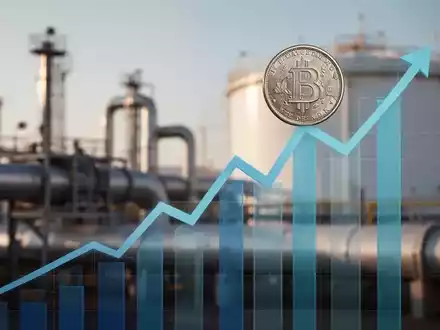 Ein stilisierter Finanzgraph mit aufsteigendem Trend, darauf eine Dollarmünze, im Hintergrund verschwommene Energieinfrastruktur. - Foto: über boerse-global.de