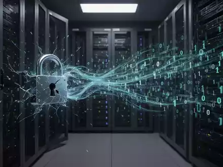 Ein aufgebrochenes digitales Vorhängeschloss, aus dem binärer Code fließt, symbolisiert einen Cybersicherheitsvorfall in der Pharmaindustrie. - Foto: über boerse-global.de