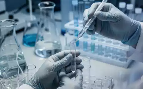 Nahaufnahme der HĂ€nde eines Wissenschaftlers, der in einem Labor eine FlĂŒssigkeit in ein Reagenzglas pipettiert, mit verschwommenen GerĂ€ten im Hintergrund. - Foto: ĂŒber boerse-global.de