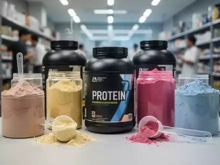 Nahaufnahme verschiedener Proteinpulverbehälter und -schaufeln, die auf einer sauberen, minimalistischen Oberfläche angeordnet sind. - Foto: über boerse-global.de