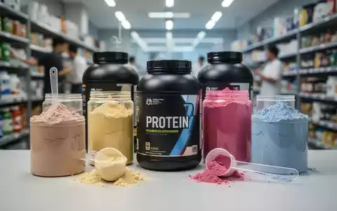 Nahaufnahme verschiedener Proteinpulverbehälter und -schaufeln, die auf einer sauberen, minimalistischen Oberfläche angeordnet sind. - Foto: über boerse-global.de