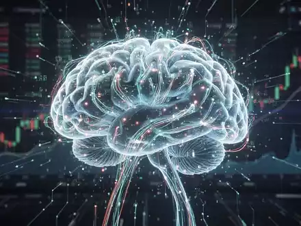 Futuristisches neuronales Netzwerk oder KI-Gehirn mit Datenströmen, im Hintergrund eine unscharfe Finanzgrafik. - Foto: über boerse-global.de