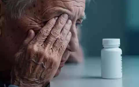 Eine ältere Hand berührt nachdenklich die Schläfe, im unscharfen Hintergrund eine Pillendose, die auf Gesundheitsbedenken hinweist. - Foto: über boerse-global.de
