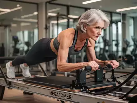 Eine fitte Frau über 50 macht eine Plank-Übung auf einem Megaformer, konzentriert sich auf die Rumpfstabilität. - Foto: über boerse-global.de