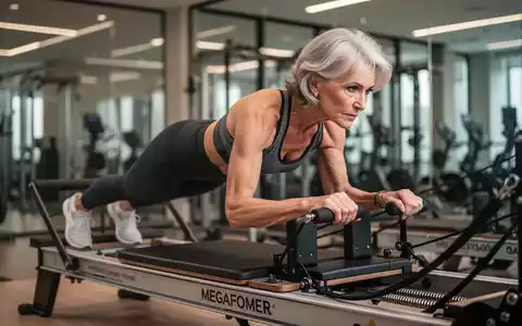Eine fitte Frau über 50 macht eine Plank-Übung auf einem Megaformer, konzentriert sich auf die Rumpfstabilität. - Foto: über boerse-global.de