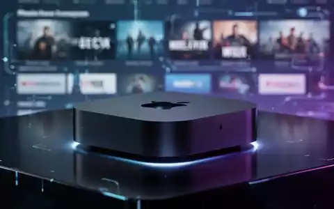 A close-up of a modern Apple TV 4K device, glowing with blue and purple light, against a blurred digital interface background. - Foto: über boerse-global.de