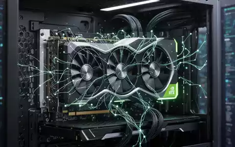 A close-up of an Nvidia RTX 30-series graphics card inside a PC, with digital AI network lines overlaid. - Foto: über boerse-global.de