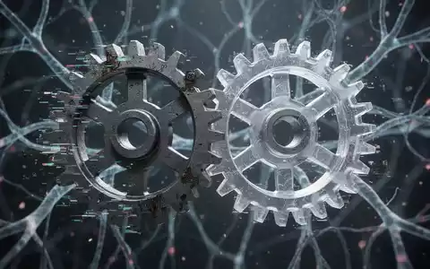 Two intertwined gears, one glitching and one clear, representing AI model degradation and subsequent policy reversal. Neural network lines in background. - Foto: über boerse-global.de