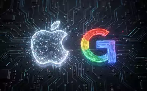 Ein futuristisches, leuchtendes Apple-Logo verschmilzt mit einem Google Gemini-Logo auf einem dunklen Schaltkreis-Hintergrund. - Foto: über boerse-global.de