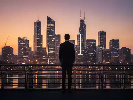 Eine Person steht auf einer Brücke und blickt auf eine moderne Stadt bei Sonnenuntergang, die finanzielle Freiheit symbolisiert. - Foto: über boerse-global.de
