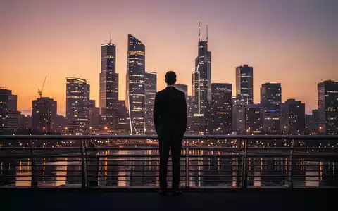 Eine Person steht auf einer Brücke und blickt auf eine moderne Stadt bei Sonnenuntergang, die finanzielle Freiheit symbolisiert. - Foto: über boerse-global.de