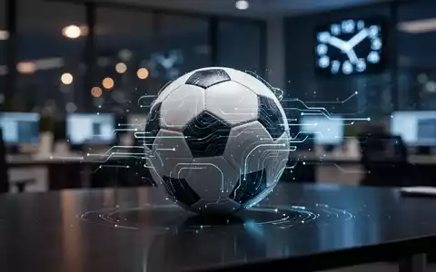 Ein Fußball mit leuchtenden Linien auf einem dunklen Hintergrund, im Hintergrund verschwommene Büro-Lichter und eine digitale Uhr. - Foto: über boerse-global.de