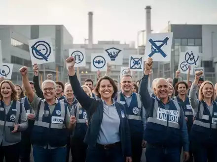 Eine Gruppe von Arbeitnehmern demonstriert Solidarität vor einer modernen Fabrikkulisse, Symbole auf Plakaten. - Foto: über boerse-global.de