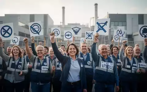Eine Gruppe von Arbeitnehmern demonstriert Solidarität vor einer modernen Fabrikkulisse, Symbole auf Plakaten. - Foto: über boerse-global.de