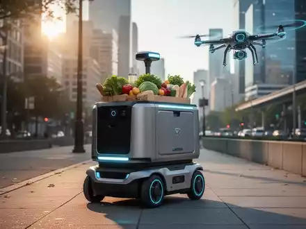 An autonomous delivery robot on a city sidewalk, with a drone flying in the background, symbolizing modern logistics. - Foto: über boerse-global.de