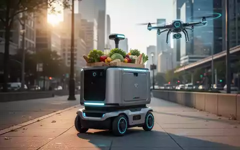 An autonomous delivery robot on a city sidewalk, with a drone flying in the background, symbolizing modern logistics. - Foto: über boerse-global.de