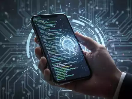 A hand holds a smartphone displaying a futuristic interface, with digital data streams and circuit board patterns in the background. - Foto: über boerse-global.de