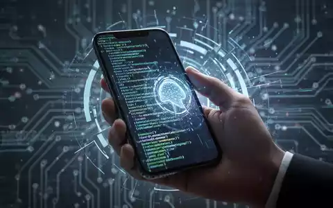 A hand holds a smartphone displaying a futuristic interface, with digital data streams and circuit board patterns in the background. - Foto: über boerse-global.de