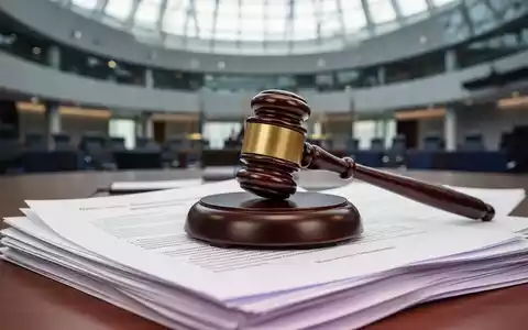 Ein Richterhammer liegt auf einem Stapel juristischer Dokumente, im Hintergrund verschwommen ein modernes Bürogebäude. - Foto: über boerse-global.de