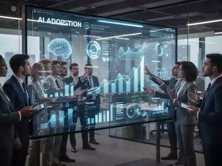 Geschäftsleute in einem modernen Büro, die um einen großen digitalen Bildschirm herum zusammenarbeiten, der KI-Adoptionsdaten zeigt. - Foto: über boerse-global.de